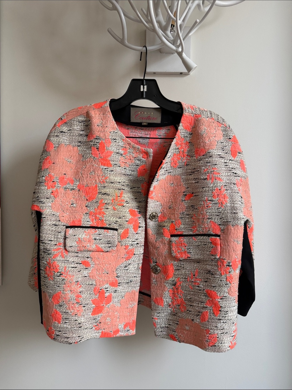 From Milan - Textured Floral Tweed Jacket in Coral and Cream